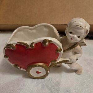 Lefton Cherub with Red and Gold Heart Cart Valentine Vase